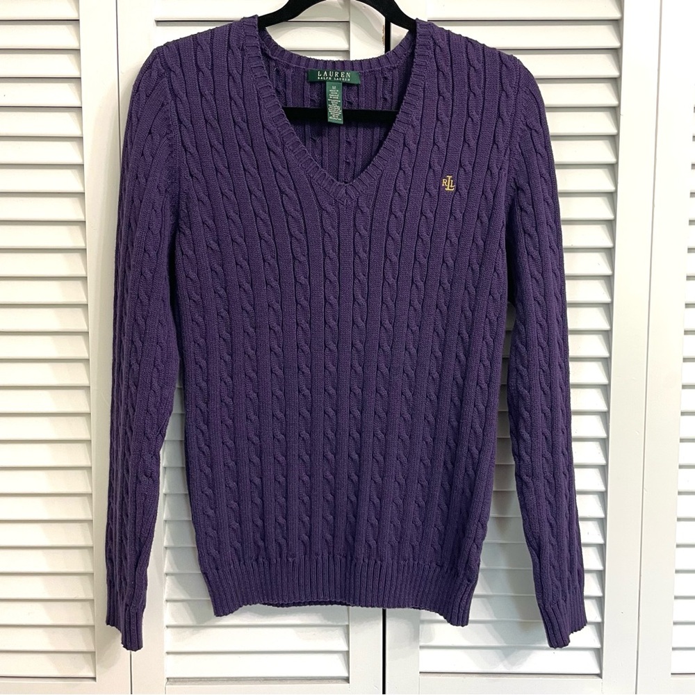 Lauren Ralph Lauren Purple Cable Knit Ribbed V Neck Sweater Sz Medium Monogram